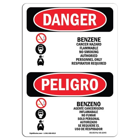 Signmission Safety Sign, OSHA Danger, 14" Height, Benzene Bilingual Spanish OS-DS-D-1014-VS-1045
